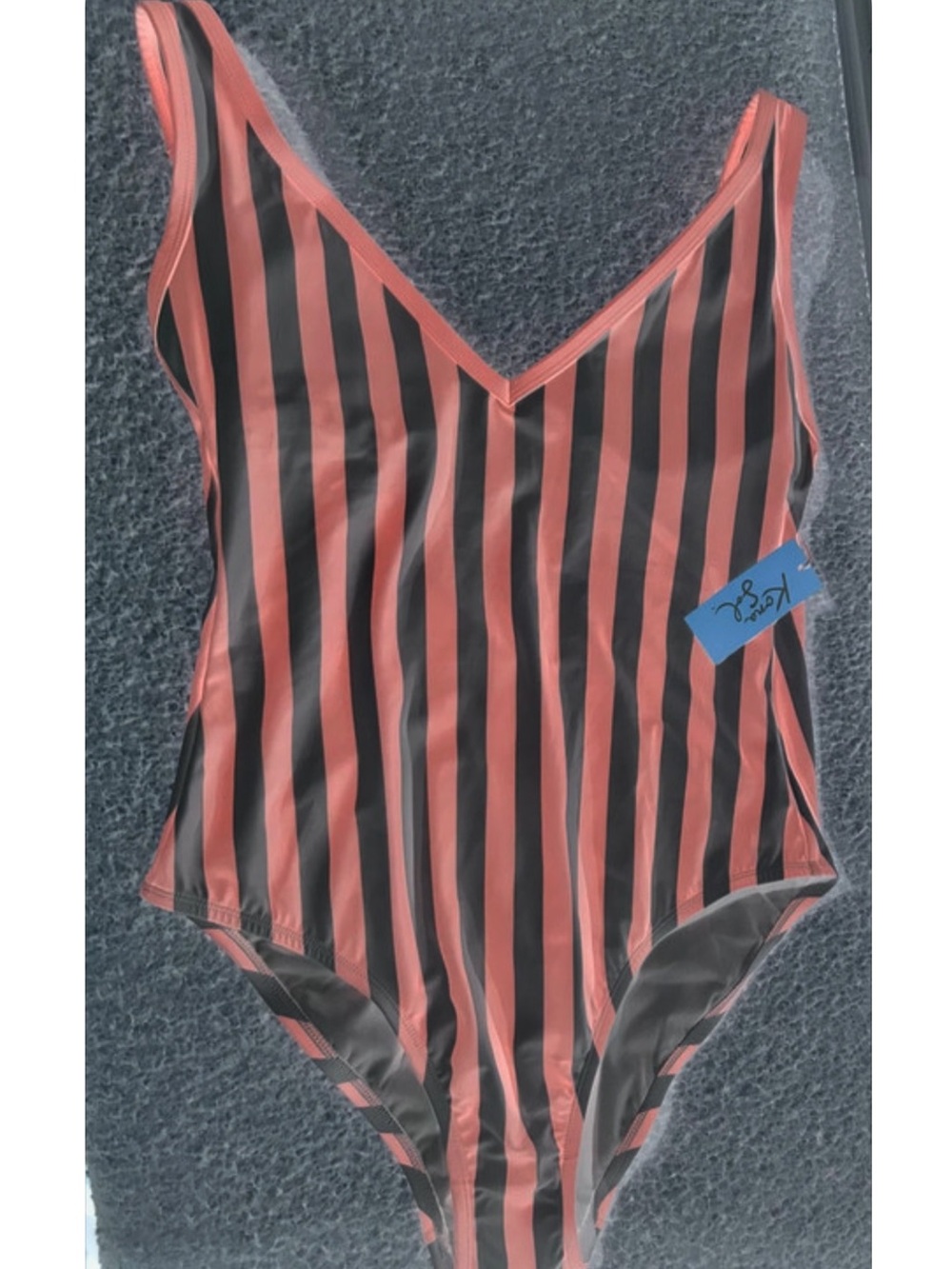 NWT Striped V-Neck One-Piece Swimsuit in Coral and Black L